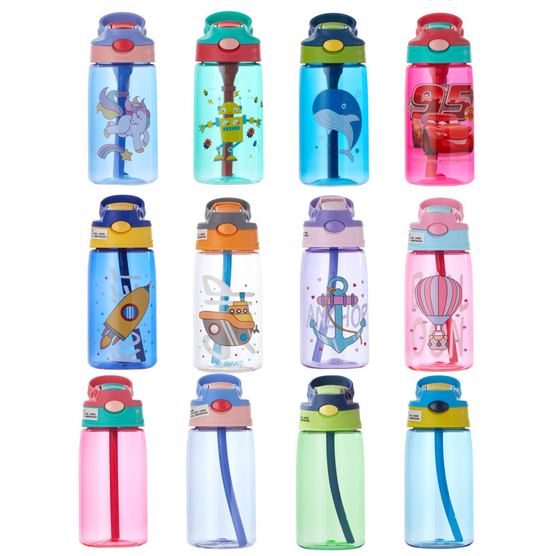 Popular Cartoon Children's Plastic Motivational Sports Drinking Water Bottle Duck Mouth Cup with Straw for Kids