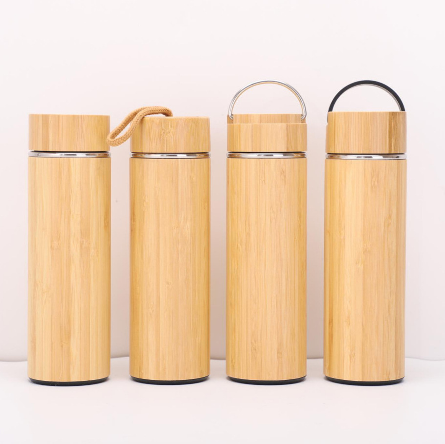 Stainless Steel Water Bottle Eco-friendly Bamboo Lid Vacuum Thermos Double Wall Smart Coffee Tea Vacuum Flask with Handle