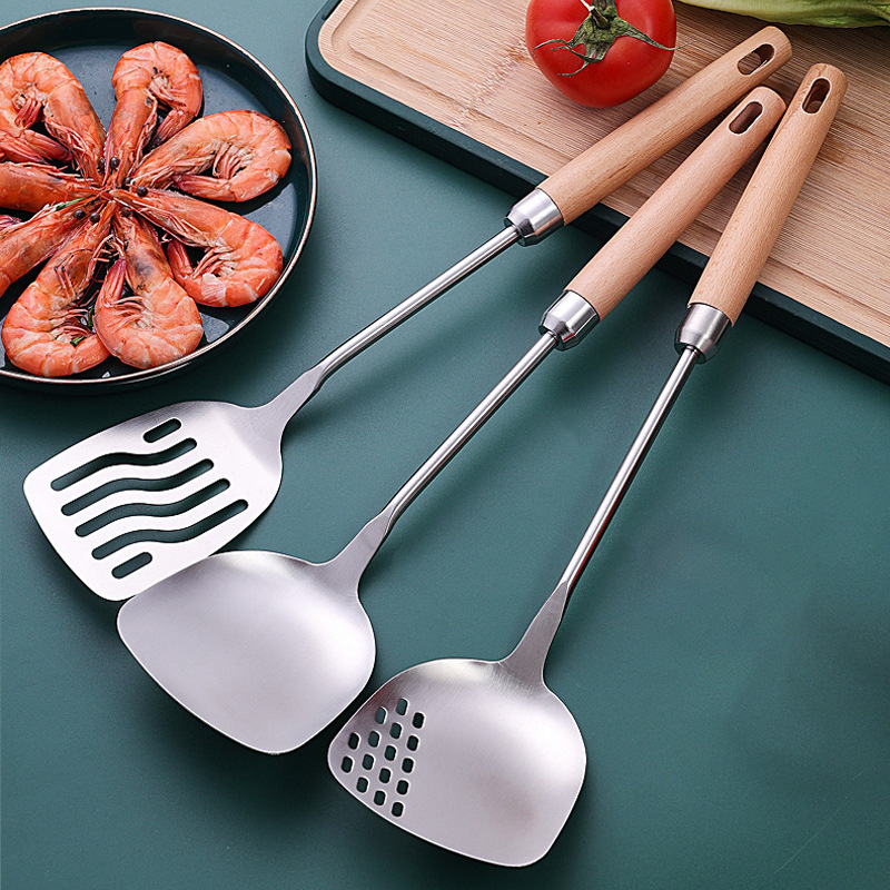 New Design Wooden Handle Kitchen Utensils Cooking Utensil Wood Stainless Steel Wholesale Price Kitchen Utensils Set with Holder