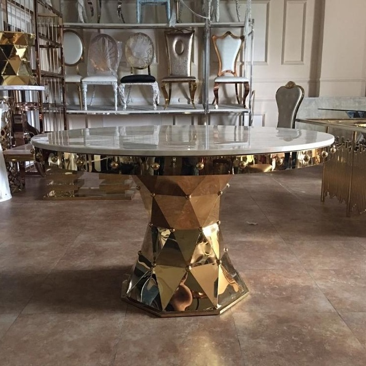 Gold Stainless Steel Furniture Shining Diamond Marble Dining Table Set