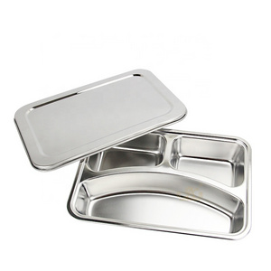 Customized polishing stainless steel dinner plate food kids travel tray with cover