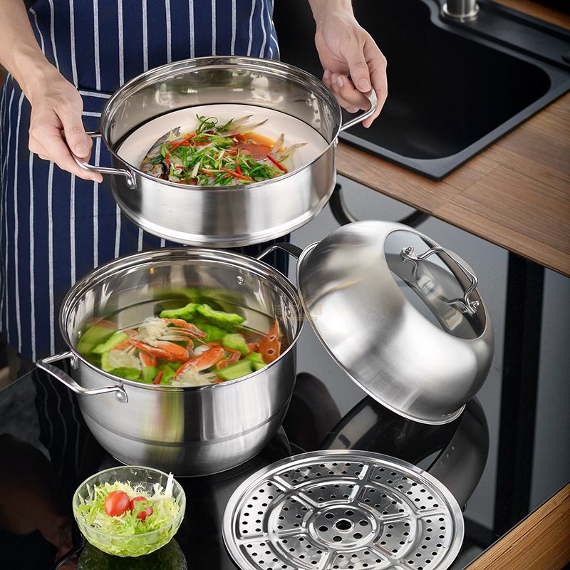 steamer pot OEM hot selling large stainless steel 2/3 layer restaurants kitchenware soup pot food steamer pot with glass lid