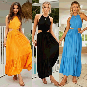 China clothing manufactory summer Casual Loose Maxi Dresses Cold Shoulder Sleeveless Beach Dress