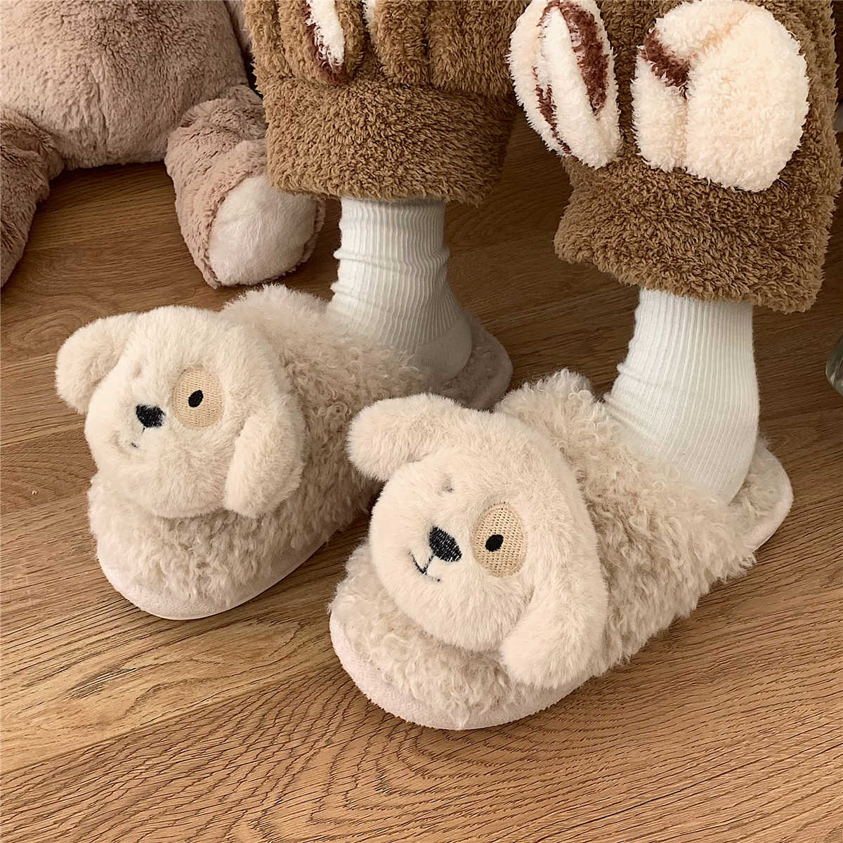 XIXITIAO Indoor slippers cotton winter house women animal 2023 fluffy plush with dogs big eye dog fur faux shearling slippers