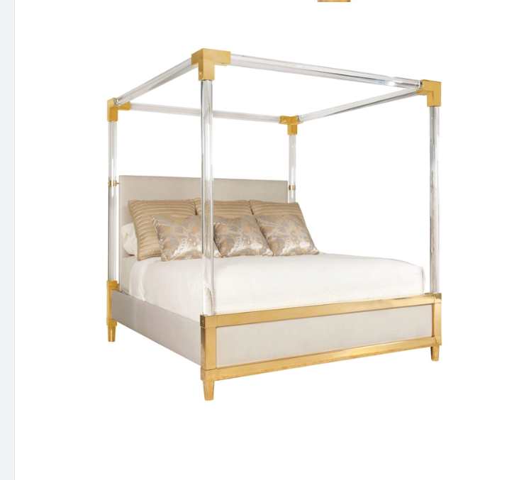 Modern design Acrylic Clear Transparent Lucite King size bed with brass metal frame