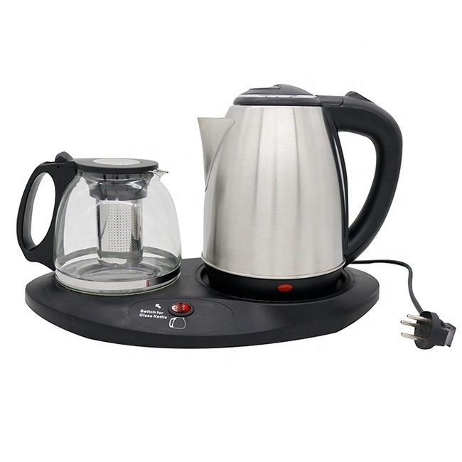 Yousdas factory hot sale 2 in 1 stainless steel jug and glass kettle 1.8L tea pot set electric kettle with tray