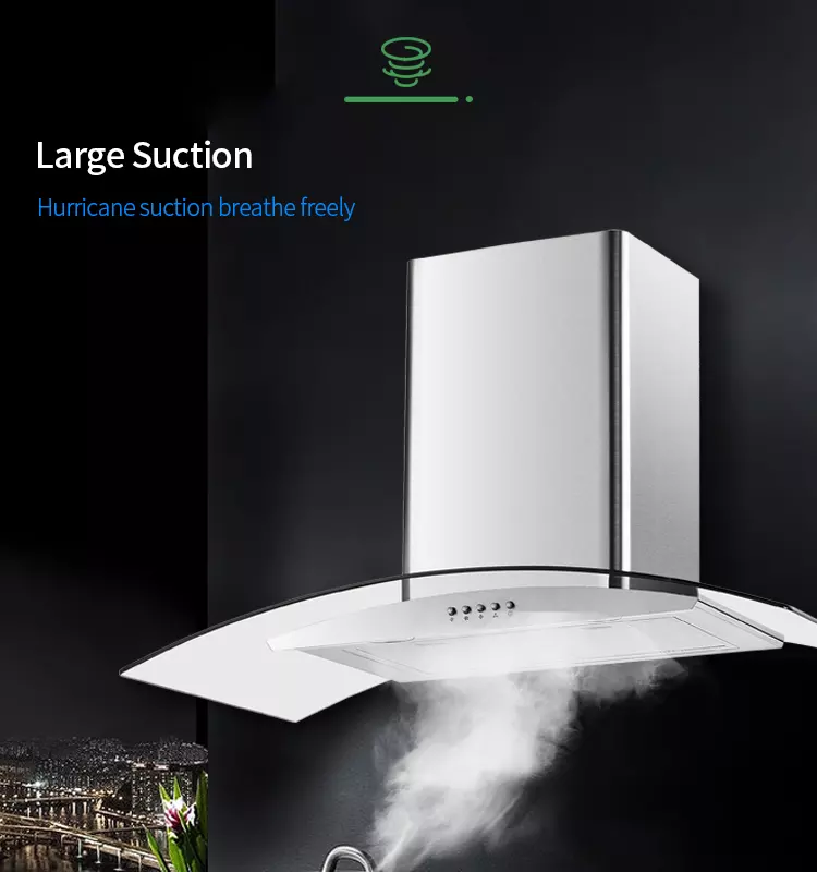 Modern Novel Design Stainless Steel Curved Glass Chimney 70cm Baffle Filter Extractor Kitchen Chimney Hood