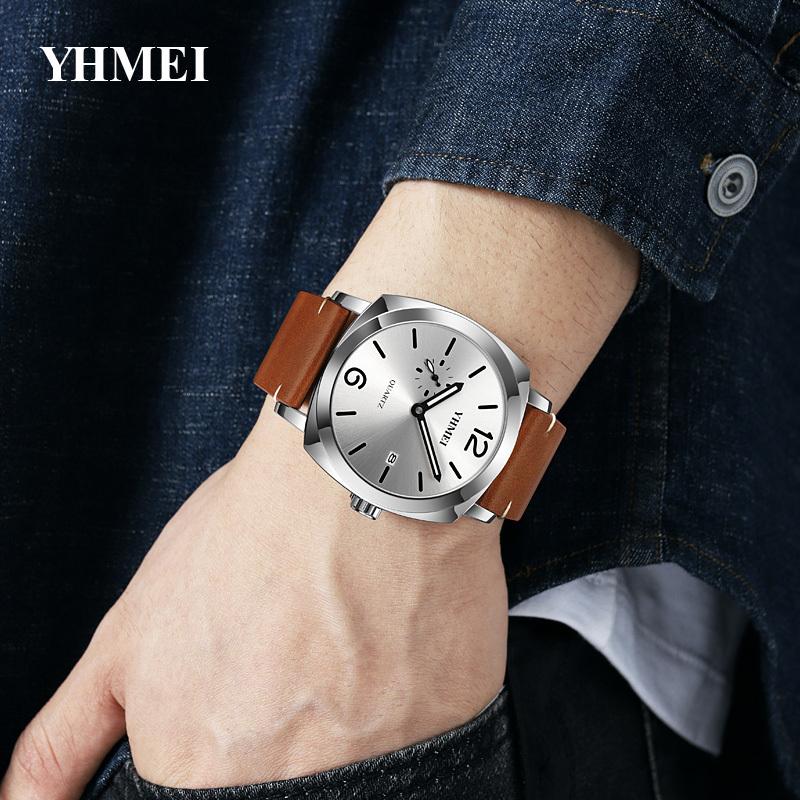 Customized LOGO Vintage Genuine Fashion Luxury Leather Strap Male Watch Leather Belt Wristband Calendar Watch Men