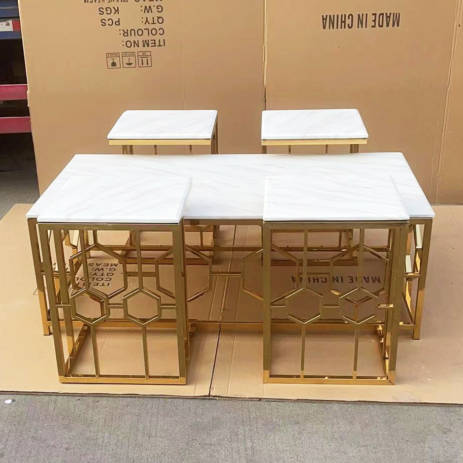 Luxury Style Golden Stainless Steel Marble Top 1+4 Tea Table