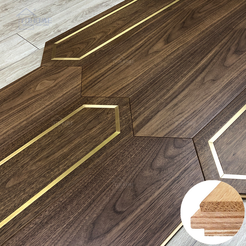 Unit block parquet wood flooring metal brass inlay wood art parquet wood flooring patterned engineered parquet flooring tile