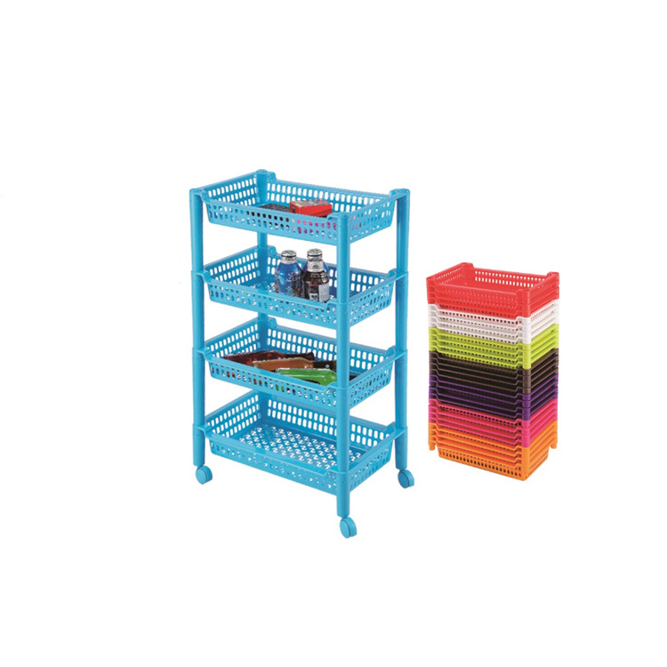 Eco-friendly 4 Tiers Plastic Rack Food Storage Rack Sundries Storage Shelf with Wheel