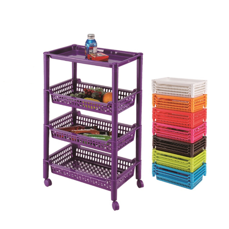 Eco-friendly 4 Tiers Plastic Rack Food Storage Rack Sundries Storage Shelf with Wheel