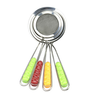 stainless steel fine mesh strainer skimmer with colorful handle bowl shape wire mesh filter strainer for kitchen flour sifter