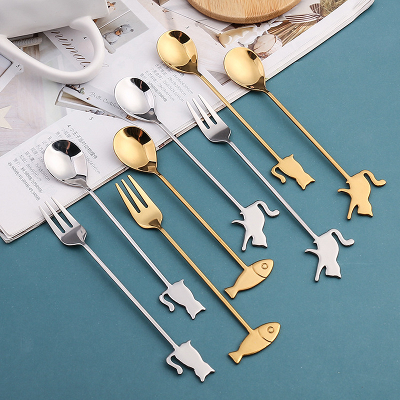 Creative Cat Fish Shape Luxury High Quality Gold Silver Stainless Steel Cutlery Set Spoon and Fork Set Wedding Bulk Flatware