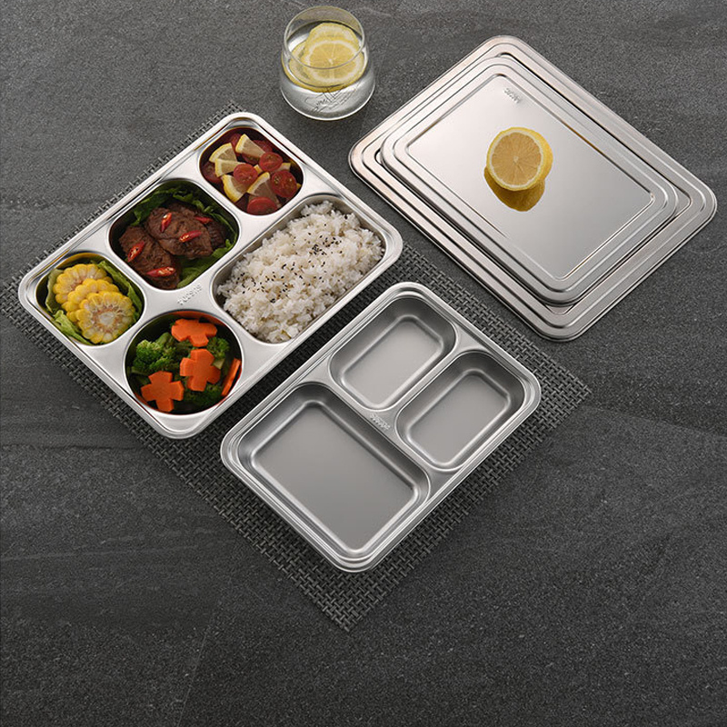 wholesale hotel hospital school 3 divided plate lunch tray divided serving dish metal stainless steel food tray with lid