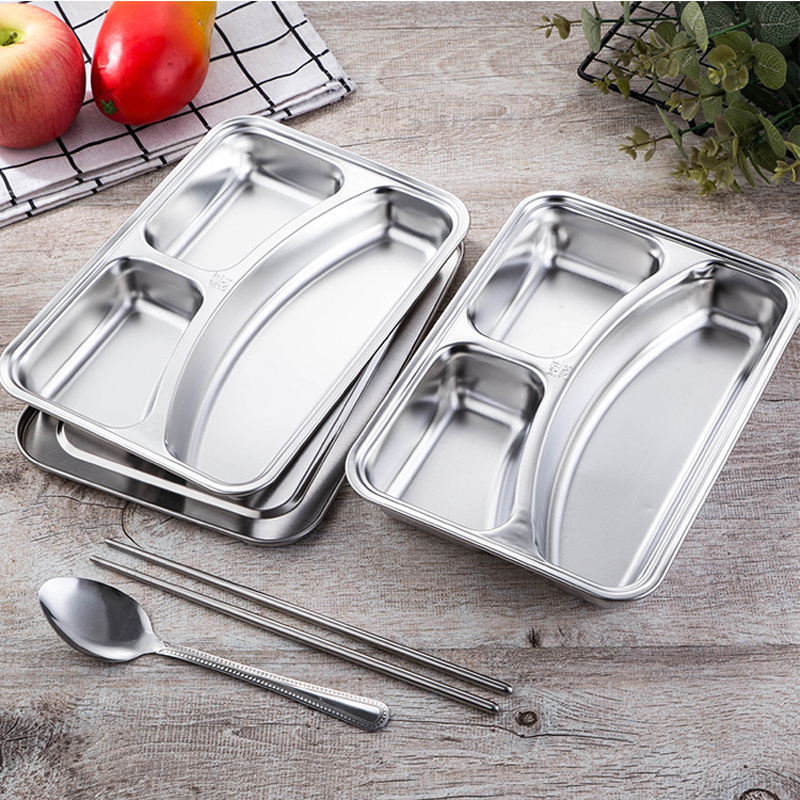 wholesale hotel hospital school 3 divided plate lunch tray divided serving dish metal stainless steel food tray with lid