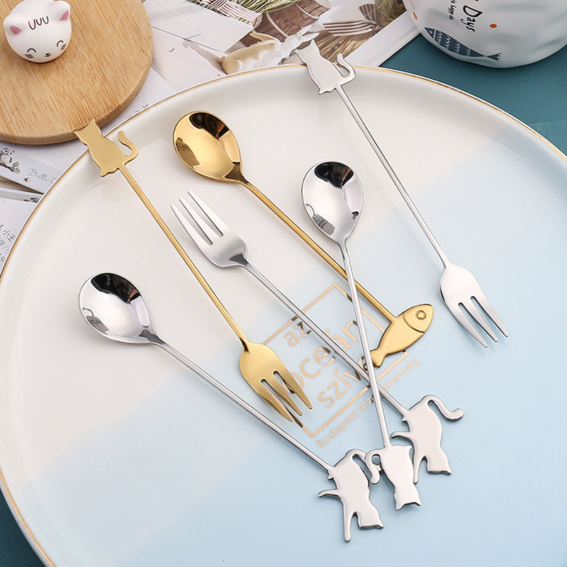 Creative Cat Fish Shape Luxury High Quality Gold Silver Stainless Steel Cutlery Set Spoon and Fork Set Wedding Bulk Flatware