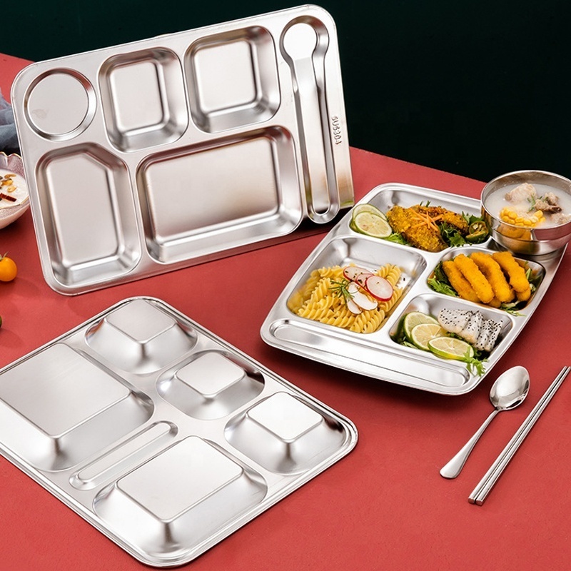 factory school hospital food plate metal stainless steel 5 compartments lunch plate with divider Student dining plate