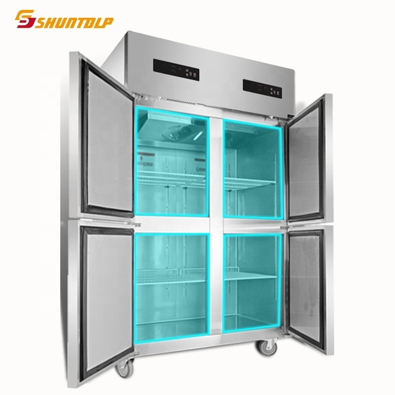 commercial double temperature freezer and chiller kitchen refrigerator ,stainless steel ,four door upright style