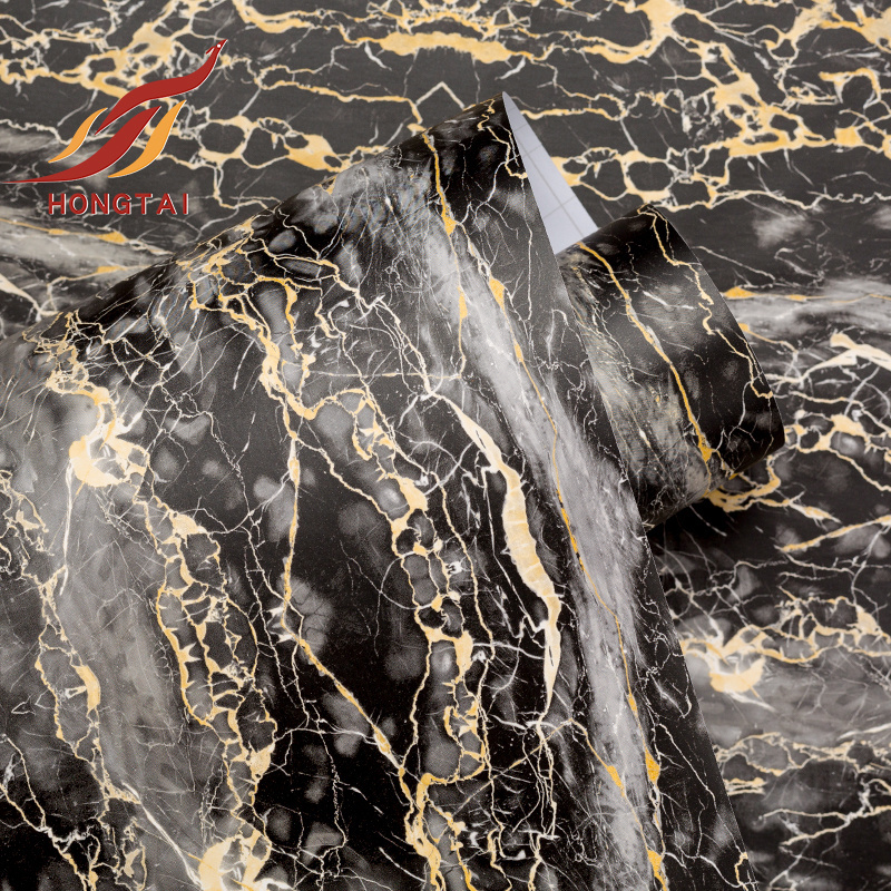 waterproof PVC black marble texture vinyl self adhesive wallpaper with marble and gold effect