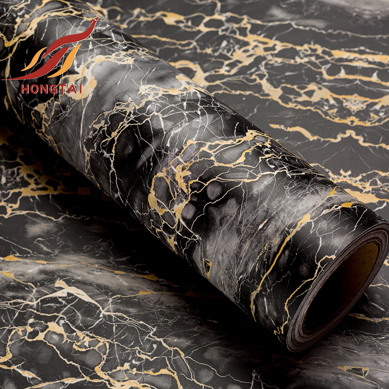 waterproof PVC black marble texture vinyl self adhesive wallpaper with marble and gold effect