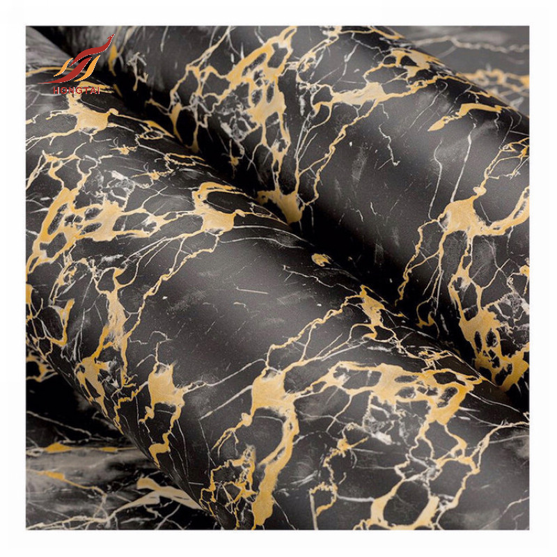 waterproof PVC black marble texture vinyl self adhesive wallpaper with marble and gold effect