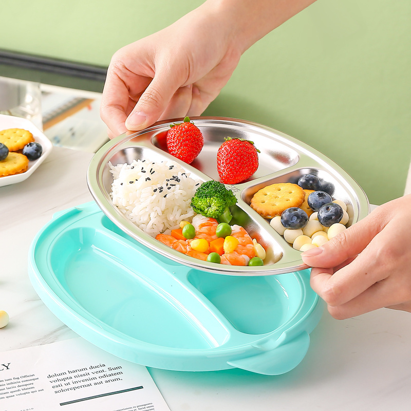 304 stainless steel plates for kids 3 compartments kids tableware stainless steel plates plastic plate 2 in 1