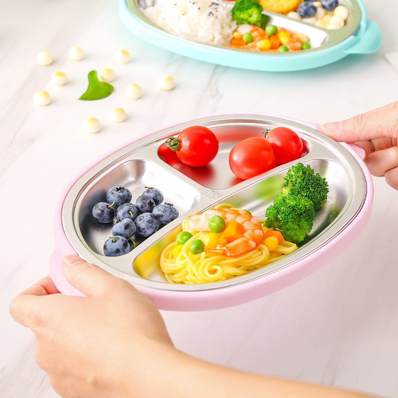 304 stainless steel plates for kids 3 compartments kids tableware stainless steel plates plastic plate 2 in 1