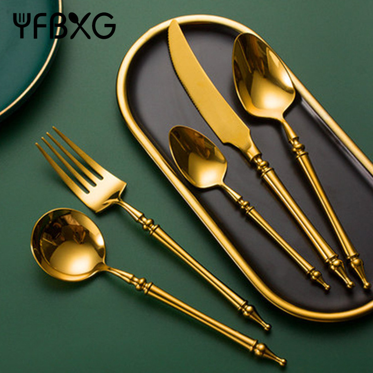 Retro Rome golden hotel cutlery luxury flatware sets stainless steel cylindrical handle for restaurant