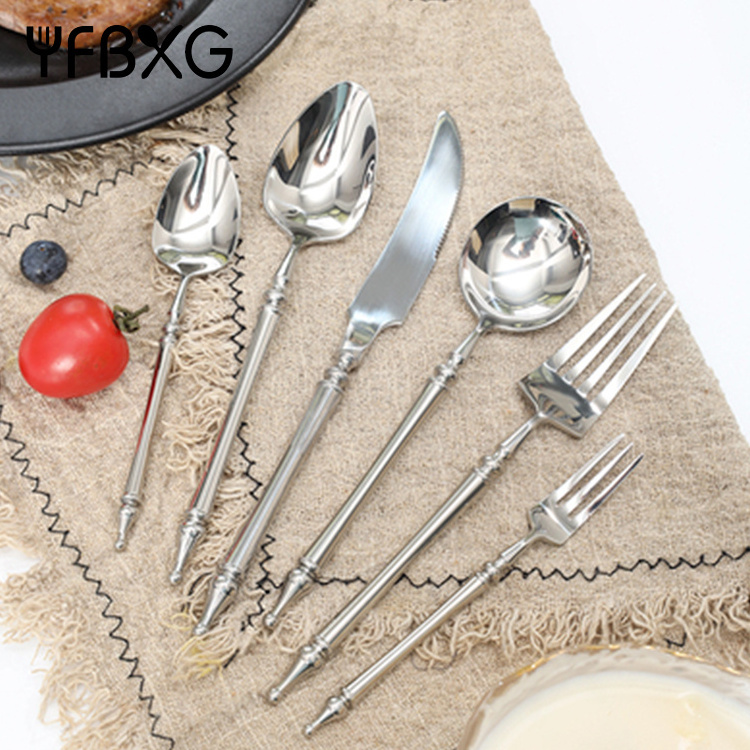 Retro Rome golden hotel cutlery luxury flatware sets stainless steel cylindrical handle for restaurant