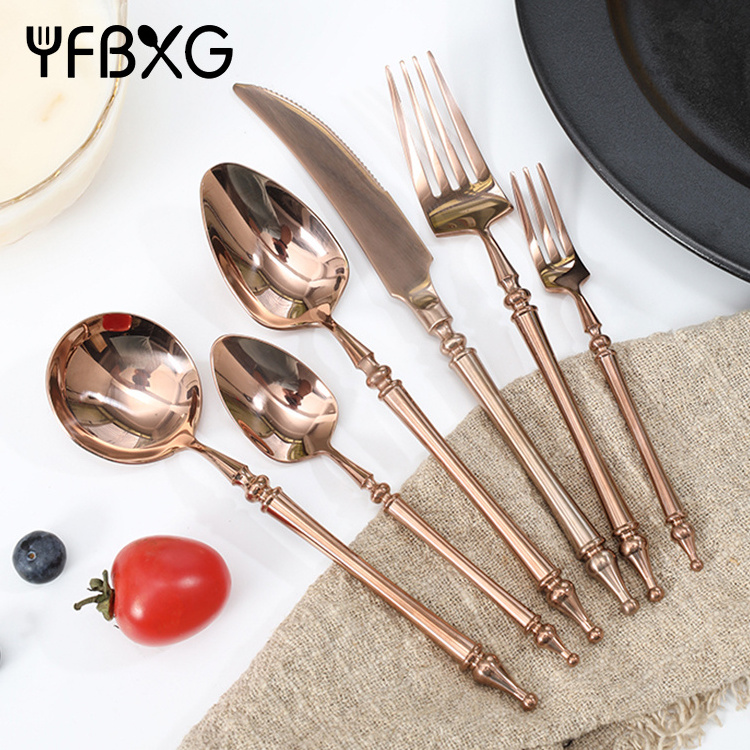 Retro Rome golden hotel cutlery luxury flatware sets stainless steel cylindrical handle for restaurant