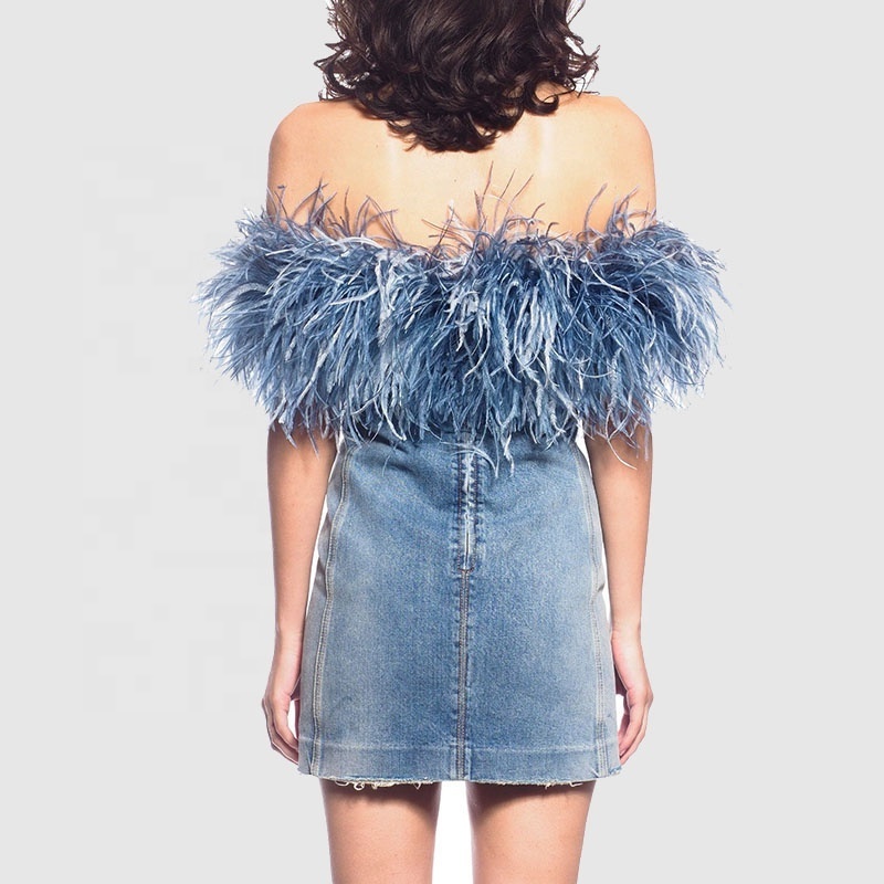 Trending Production 2023 Women Summer Party Club Off Shoulder Short Mini Bodycon Tube Fur Ostrich Feather Jean Denim Dress