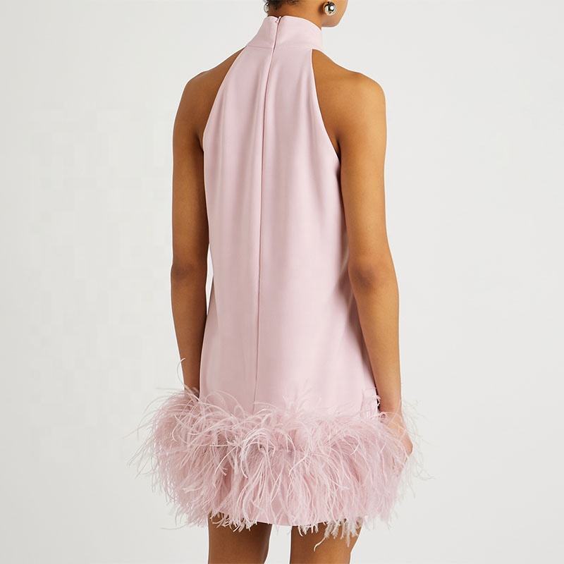 2022 New Design Women Casual Summer Party Fur Turtleneck Sleeveless Evening Satin Silk Mini Pink Ostrich Feather Dress