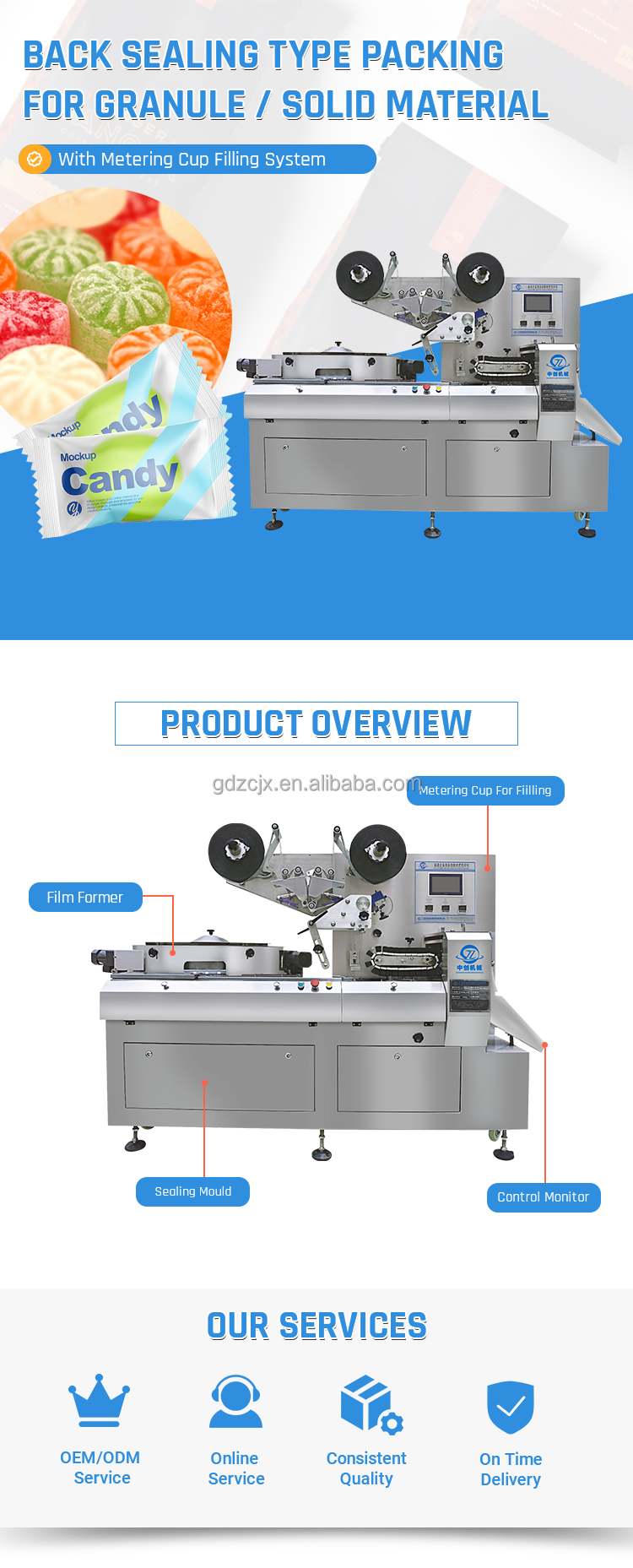 Horizontal High Speed Chocolate Peanuts Ball Marshmallow Sachet Packaging Machines Emballage Candy Flow Pillow Packing Machine