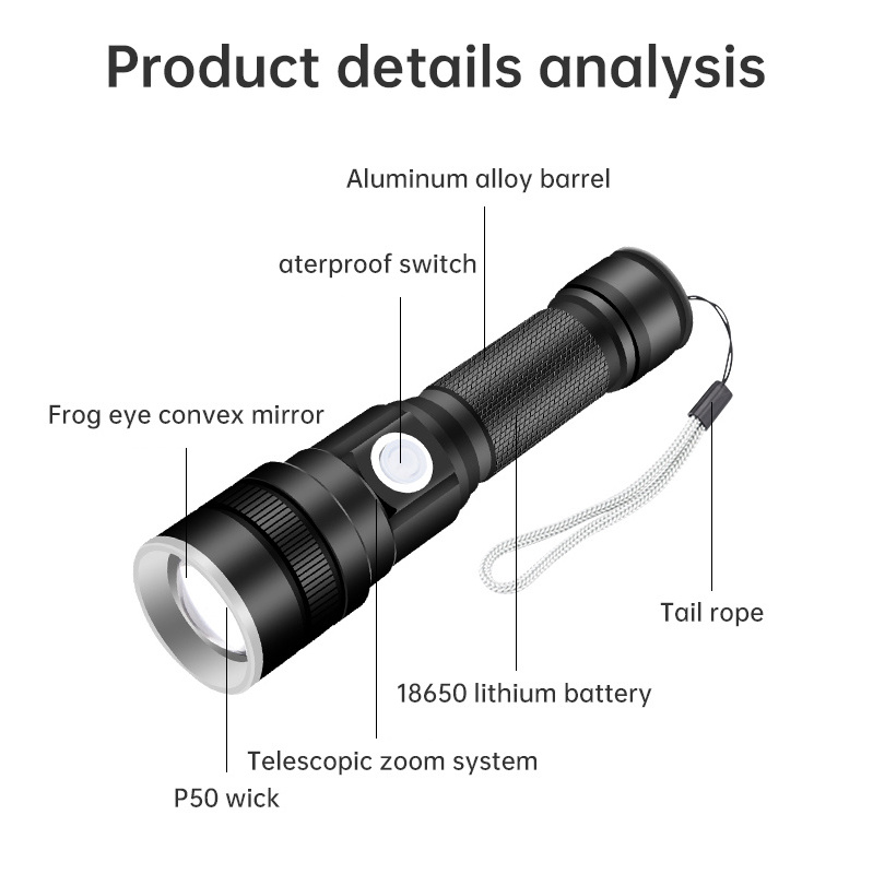 USB rechargeable flashlight 800 lumens outdoor led zoom mini portable light