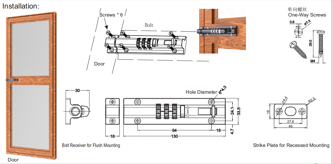 Horizontal Door Bolt Lock Sliding Combination Code Can for Gate Garage Cabinet