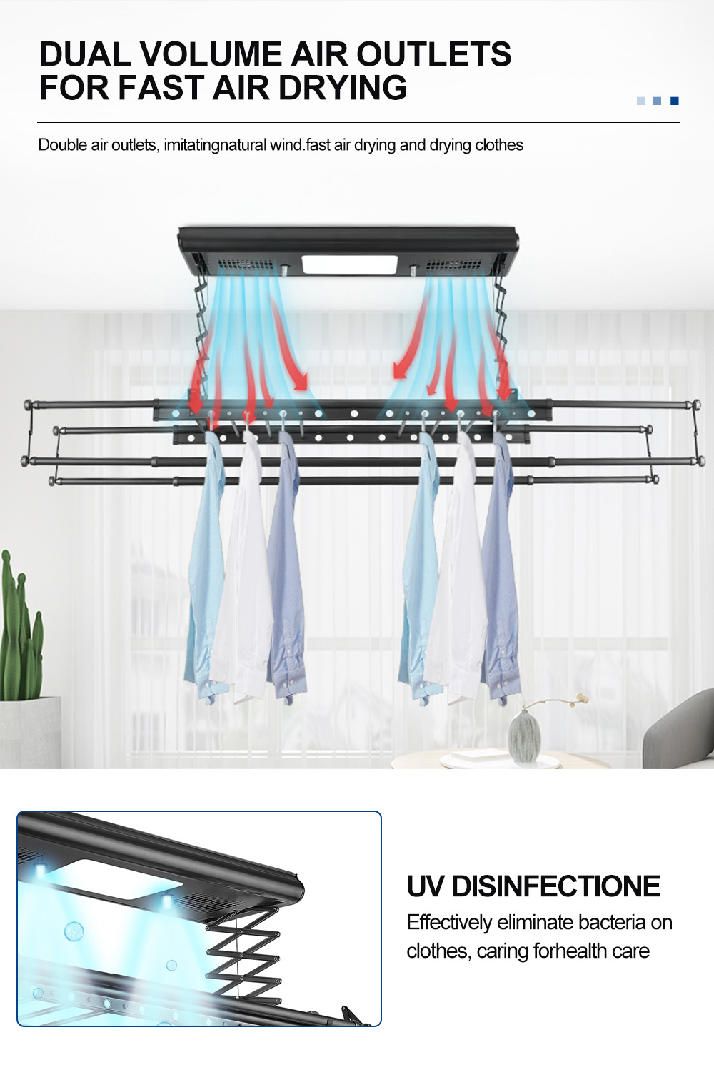 Low Price Retractable Electric Laundry Rack Clothes Drying Ceiling Mounted Metal Smart Clothes Drying Rack For Boutique