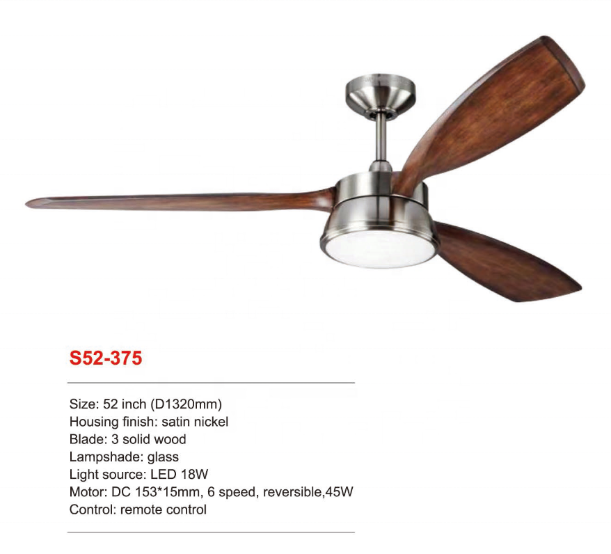 Decorative Remote Control  LED Ceiling Fan Light Model#S52-375 with Silent DC Copper Reversible 6 Speed Adjustment & Glass Shade