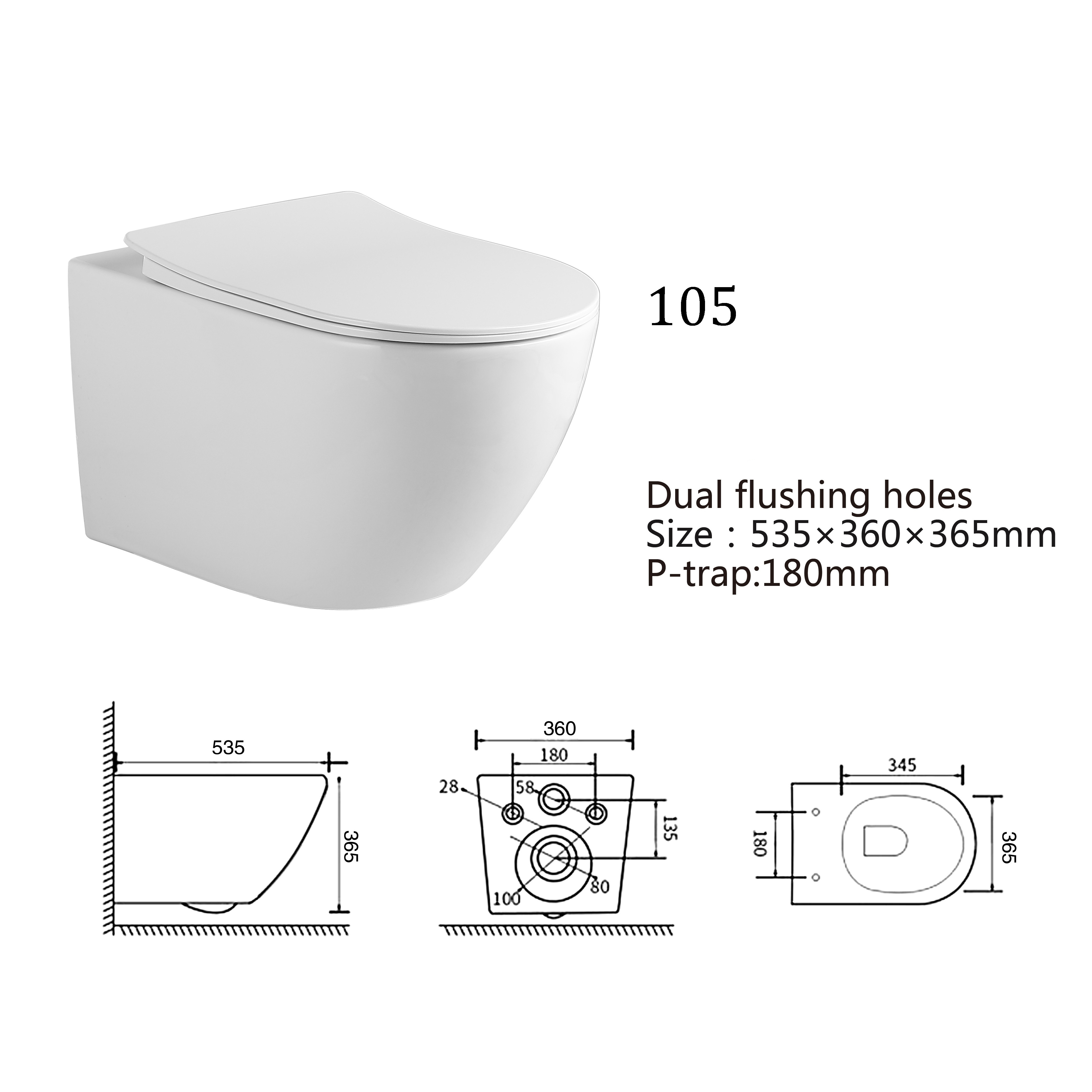 ZHONGYA Oem round shape floating toilet p-trap washdown flushing wc rimless wall mounted toilet