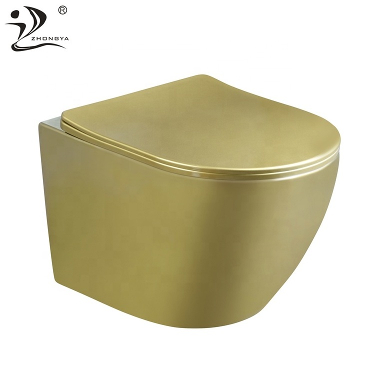 ZHONGYA Oem new design bathroom water closet wall mount hanging one piece wc gold wall hung toilet