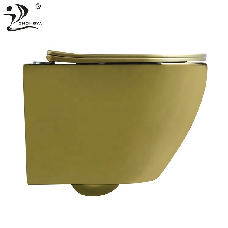 ZHONGYA Oem new design bathroom water closet wall mount hanging one piece wc gold wall hung toilet