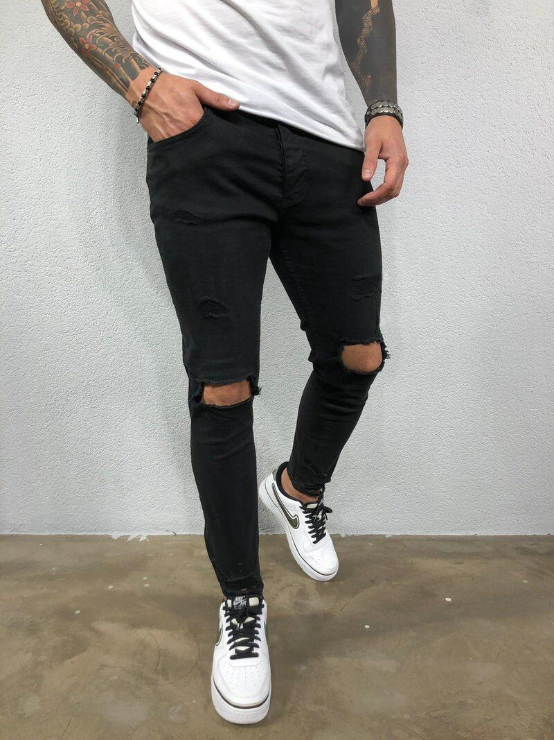 High quality 2020 European and American men's ripped elastic feet jeans jogging pencil denim pants