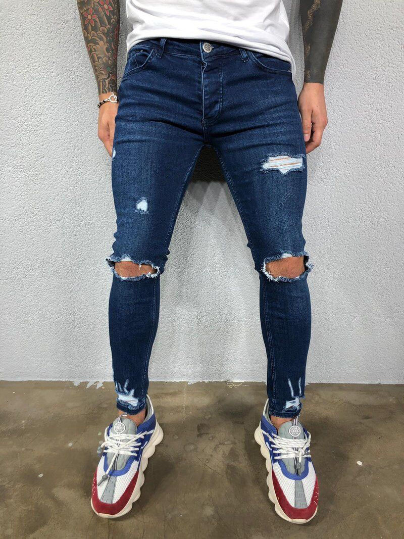 High quality 2020 European and American men's ripped elastic feet jeans jogging pencil denim pants