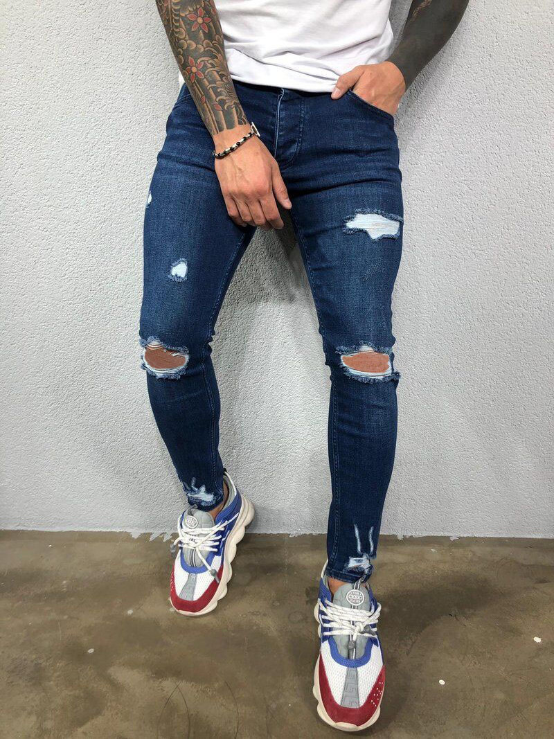 High quality 2020 European and American men's ripped elastic feet jeans jogging pencil denim pants