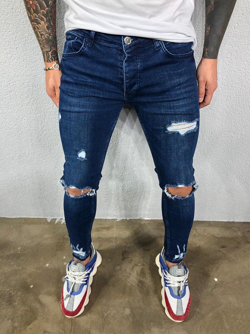 High quality 2020 European and American men's ripped elastic feet jeans jogging pencil denim pants