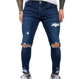 High quality 2020 European and American men's ripped elastic feet jeans jogging pencil denim pants