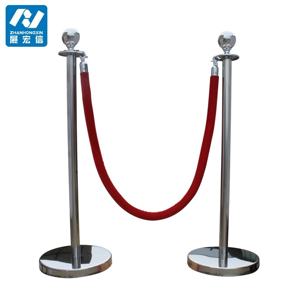 Stainless Steel barrier red carpet poles queue stand with velvet rope stanchion