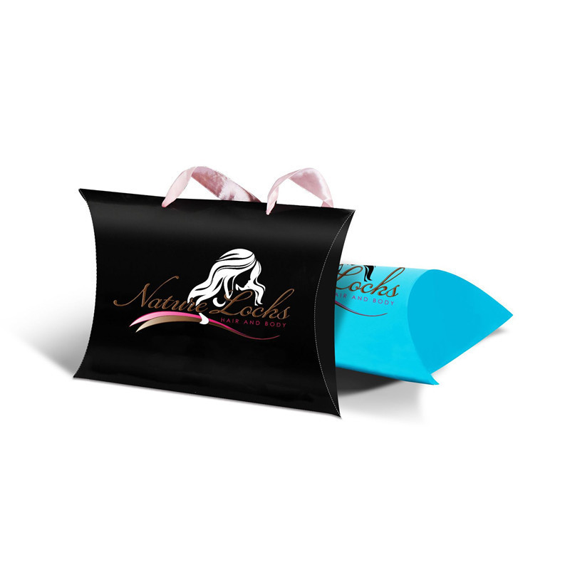 Elegant Custom Logo Cardboard Paper Hair Pillow Boxes Bundle Wig Packaging Box With Ribbon Handle For Hair Extension