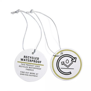 Customized recycled garment printed gold foil round hang tags with string white cardboard circle paper hang swing tag