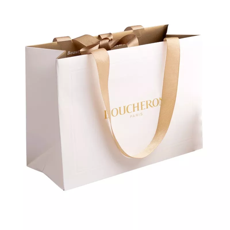 Custom Print Logo Elegant White Black Small Bow Gift Paper Bags Pink Luxury Boutique Paper Shopping Bag With Ribbon Handle